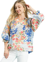 Umgee Watercolor Floral Blouse with Flounce Sleeves