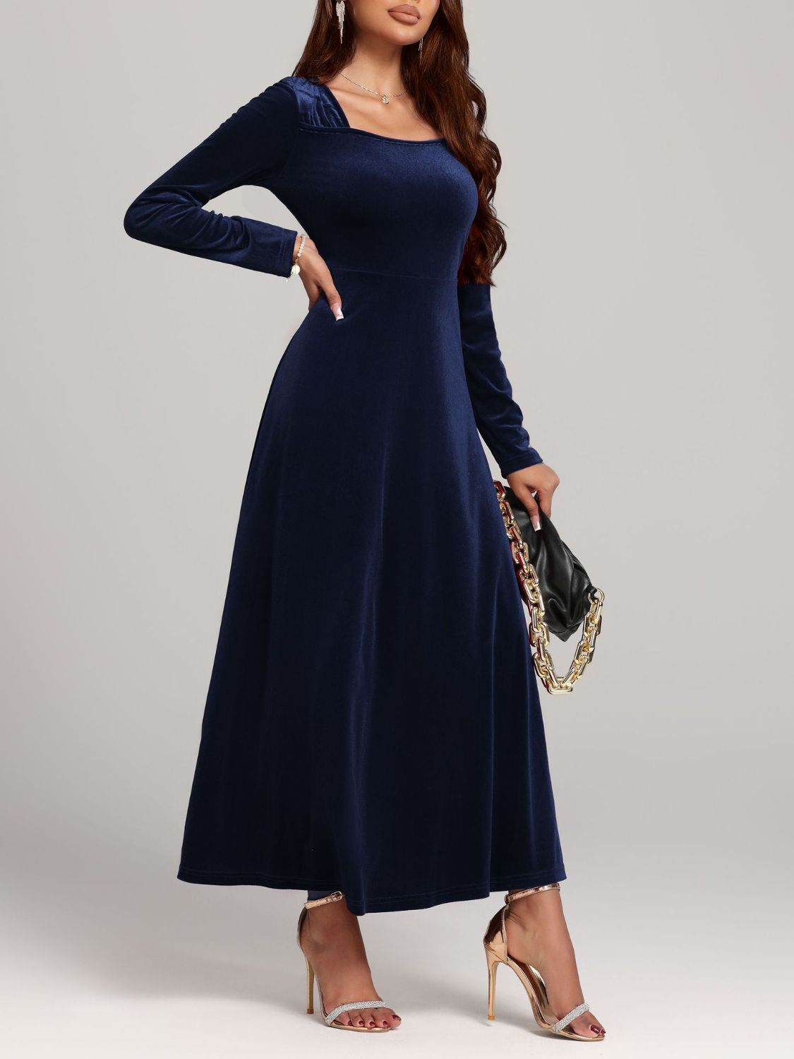 Velvet Midi Dress Square Neck Long Sleeve Women Solid Party Dress Navy 788c990e-f4fe-4993-bded-0813e84bff60-Max Trendsi