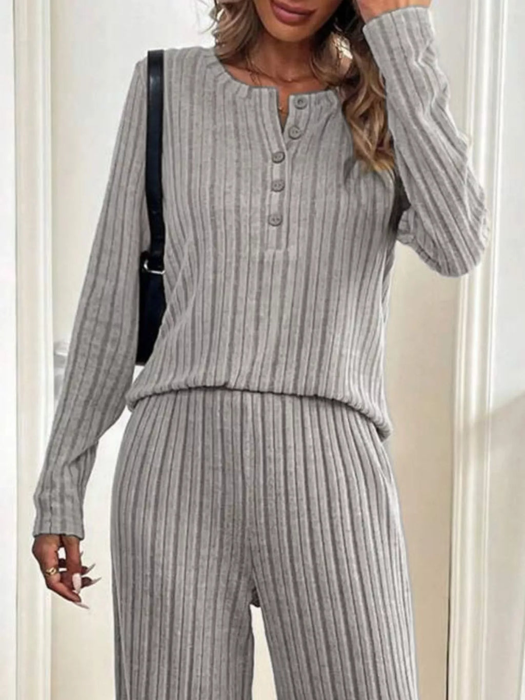 Women's Outfit Set Ribbed Button Detail Long Sleeve Top and Pants Set 2 Pcs 7890646a-9bb8-4d1b-b941-5c3b6a67ff68-Max-Origin Trendsi