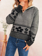 Women's Sweater Flower Hem Zip Collar Long Sleeve Stylish Pullover 7893bbbaf77b46d59c649a324b382867-Max-Origin Trendsi