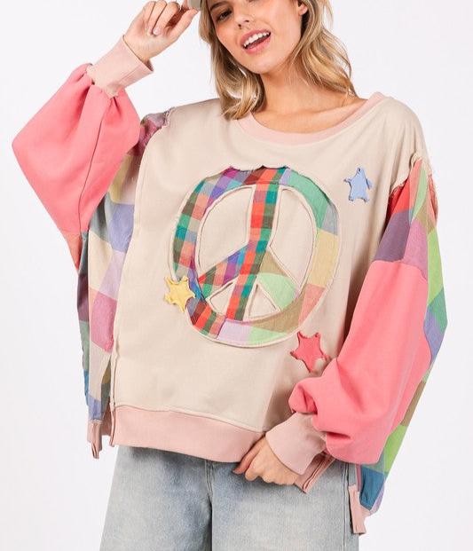 SAGE+FIG USA Sweatshirt Contrast Peace Patch Oversize Long Sleeve High-Low