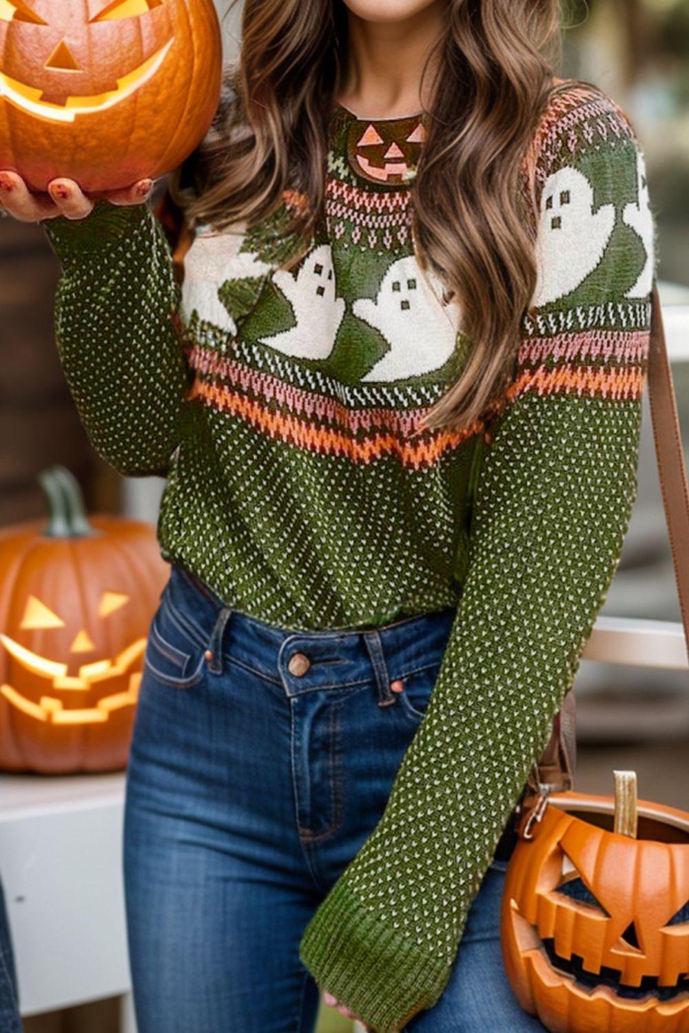 Ghost Sweater Round Neck Long Sleeve Halloween Pullover Moss 78b09e4b-fc64-4017-8443-65c583dcbd03-Max Trendsi