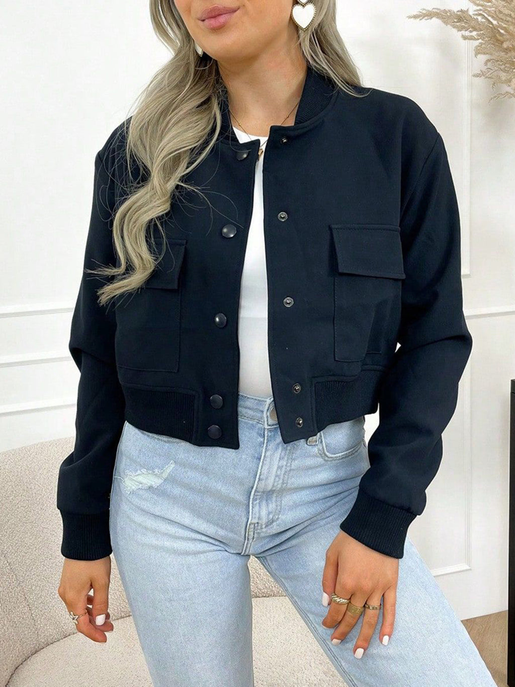 Women Baseball Cropped Jacket Pocketed Solid Snap Collared Long Sleeve Indigo 78bc1a8a-86db-4f85-9803-fbb5e052ac14-Max Trendsi