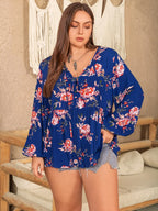Plus Size Printed Blouse with Tie Neck and Balloon Sleeves