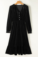 Black Velvet Midi Dress Ruffle Hem Slit V-Neck Buttoned Long Sleeve Dresses 78bee7f1-68f6-4f7d-bd21-f20f0ba248c7-Max Trendsi