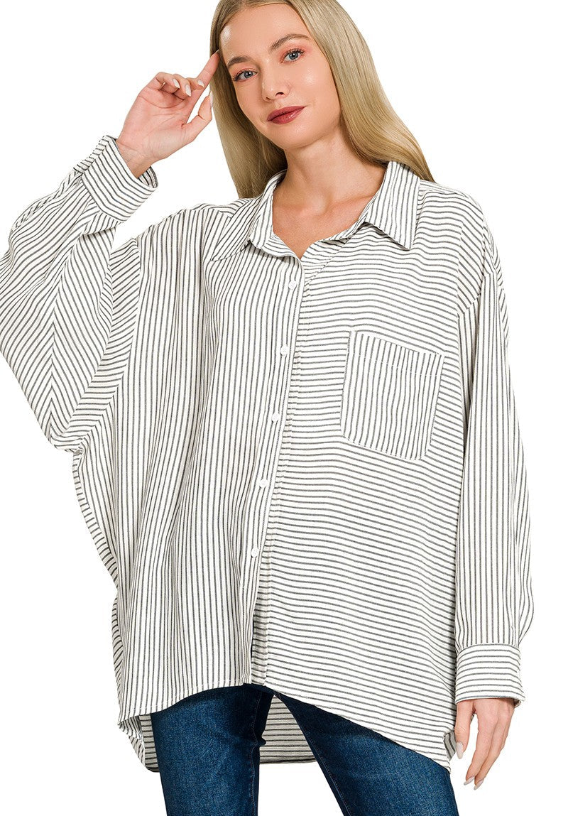 Zenana Woven Stripe Button Down Shirt