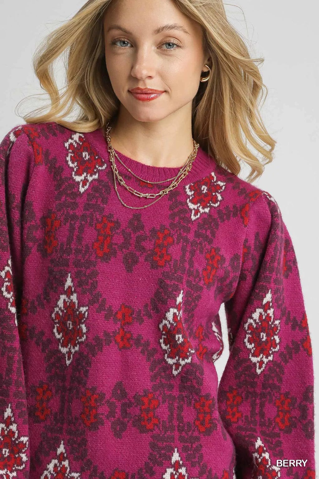 Umgee Womens Sweater Berry Boho Patterned Long Sleeve Pullover 78cbfc97-5f01-400f-a17a-e70b3a9f9b95-Max-Origin Trendsi