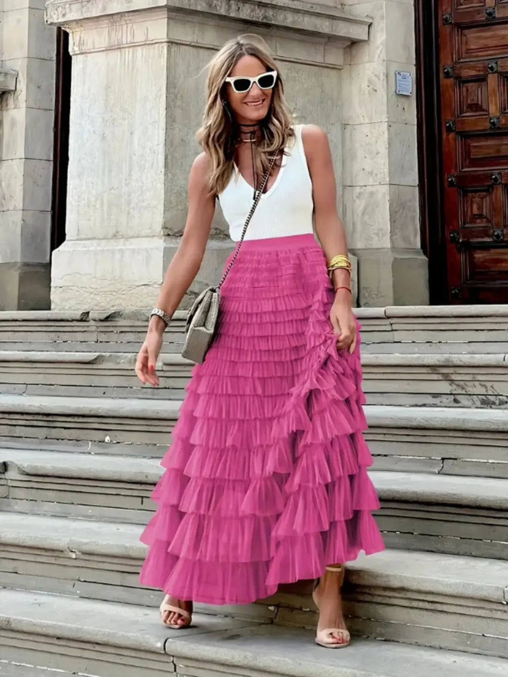 Ruffle Maxi Skirt Layered Mesh Tiered Elastic Waist 78cc03524d18456bb3ac99b5d4c34195-Max-Origin Trendsi
