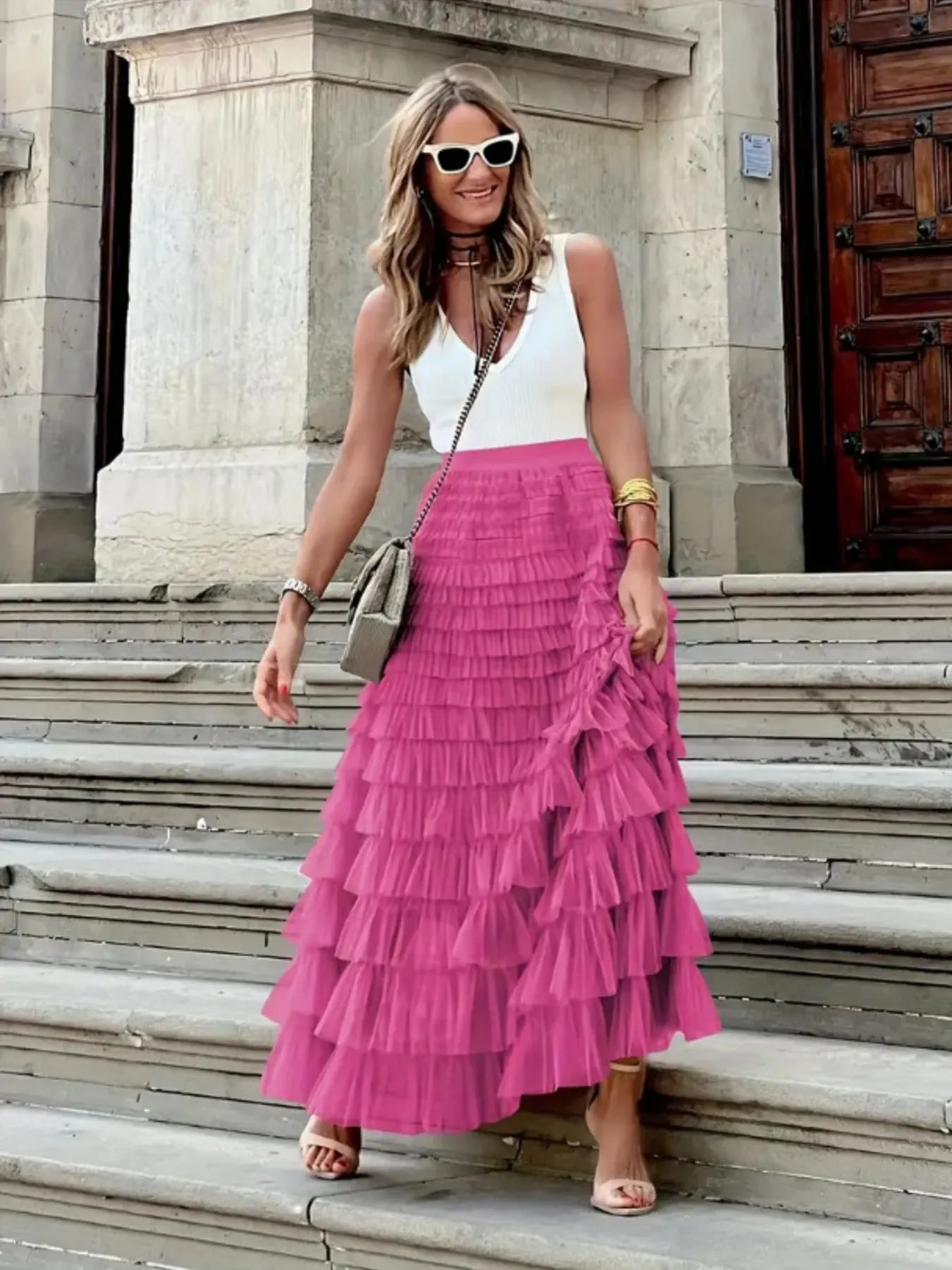 Ruffle Maxi Skirt Layered Mesh Tiered Elastic Waist 78cc03524d18456bb3ac99b5d4c34195-Max-Origin Trendsi