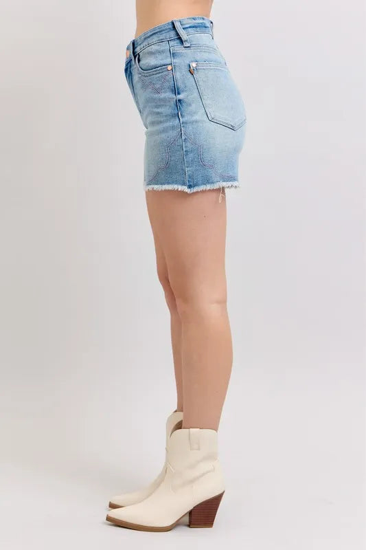 Judy Blue Denim Shorts High Waist Western Embroidery Detail Cut Off 78d81e2c869e49cab45eec950d0ea701-Max-Origin Trendsi