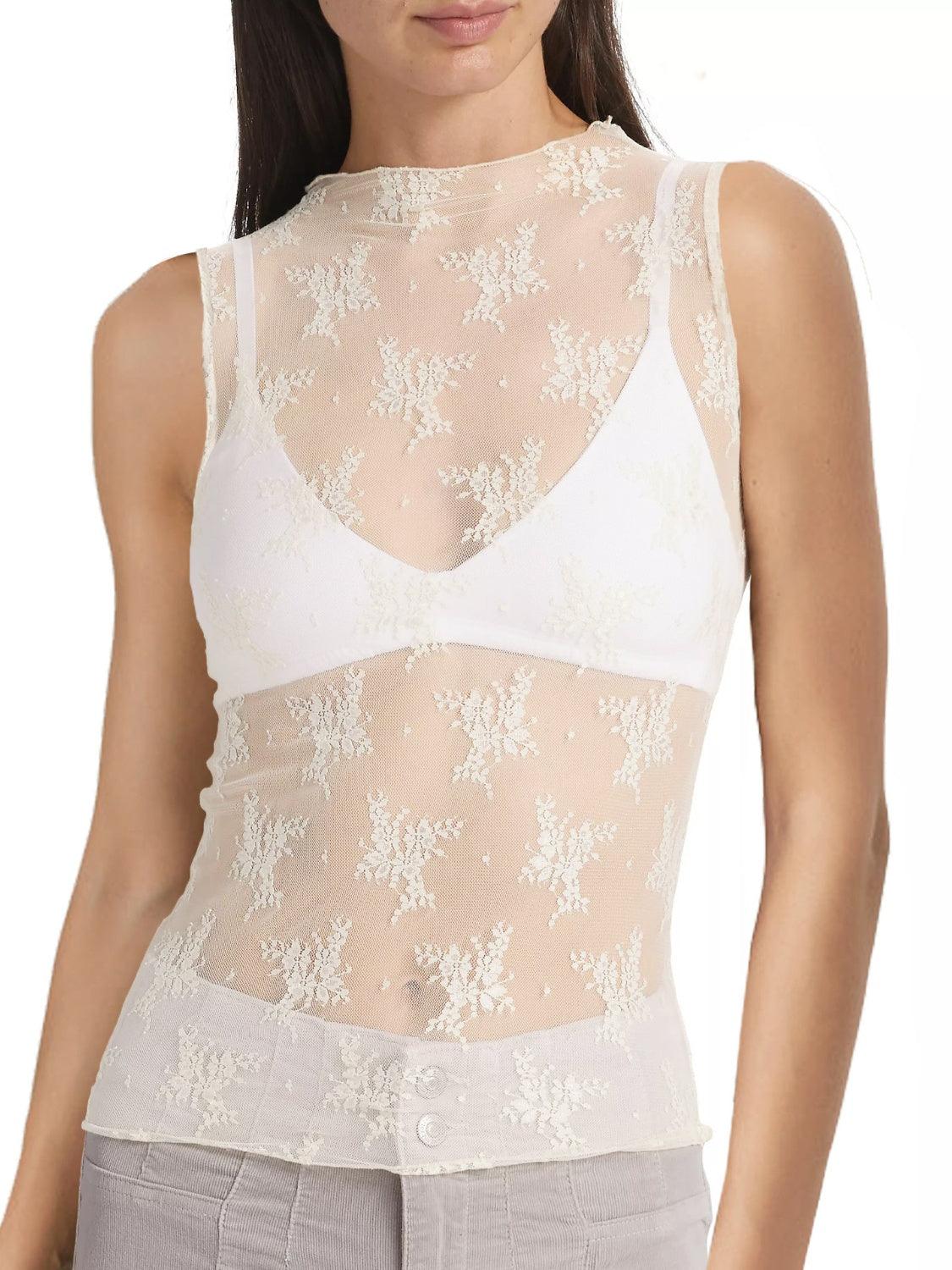 Floral Lace Top Mock Neck Sleeveless Transparent Tank Tops Cream 78d84ef3-4a8a-4b3e-bbec-f18b5bf3d323-Max Trendsi