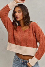 SO ME Cropped Sweater Rust Contrast Chenille Cable Knit V Neck Top 78dea18c6bf945f09da7232d50196d24-Max-Origin Trendsi
