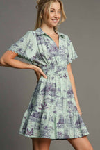 Umgee Mini Dress Landscape Print Lace Light Green Collared Short Sleeve Light Green 78df4382-ebe4-47b8-99ad-b04be6ab4a58-Max Trendsi