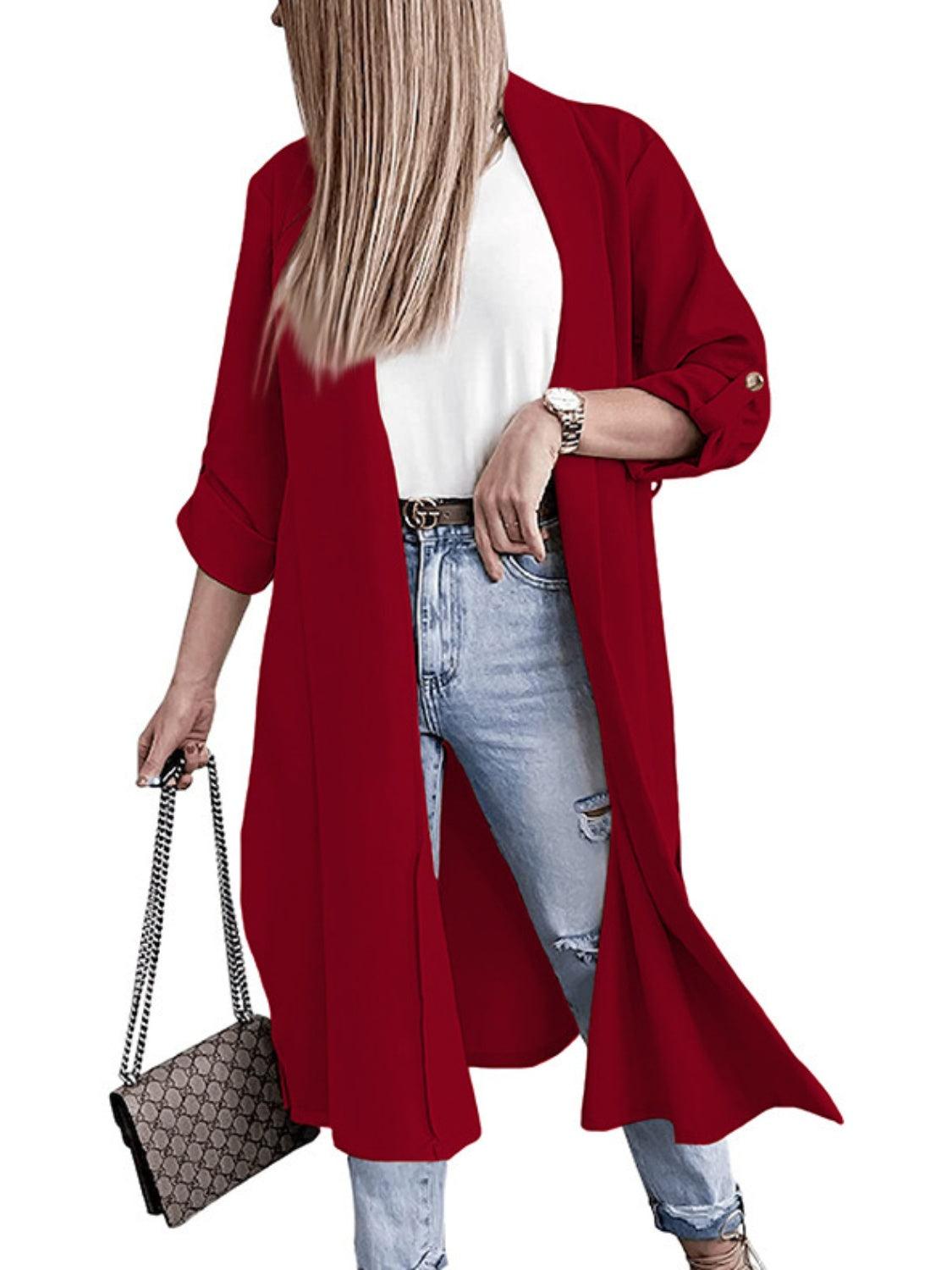 Trench Coat Slit Open Front Roll-Tab Sleeve Outwear Deep Red 78e69c1b-f251-4bc8-be5d-70b65db97187-Max Trendsi
