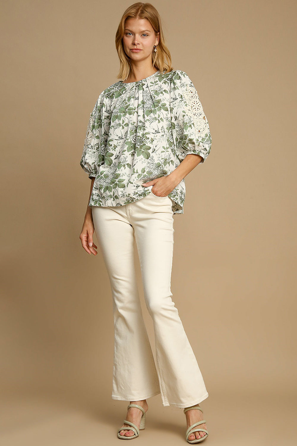 Umgee Floral Blouse Green Mix Pleated Detail Lace Trim 3/4 Sleeve 78ea3b12-38cf-486a-8de0-713c77a8723c-Max Trendsi