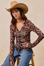 BiBi Women's Shirt Leopard Printed Mesh With Button Up V Neck Long Sleeve 78f09ac0f5af442fafadfd5ceeaafd4c-Max-Origin Trendsi