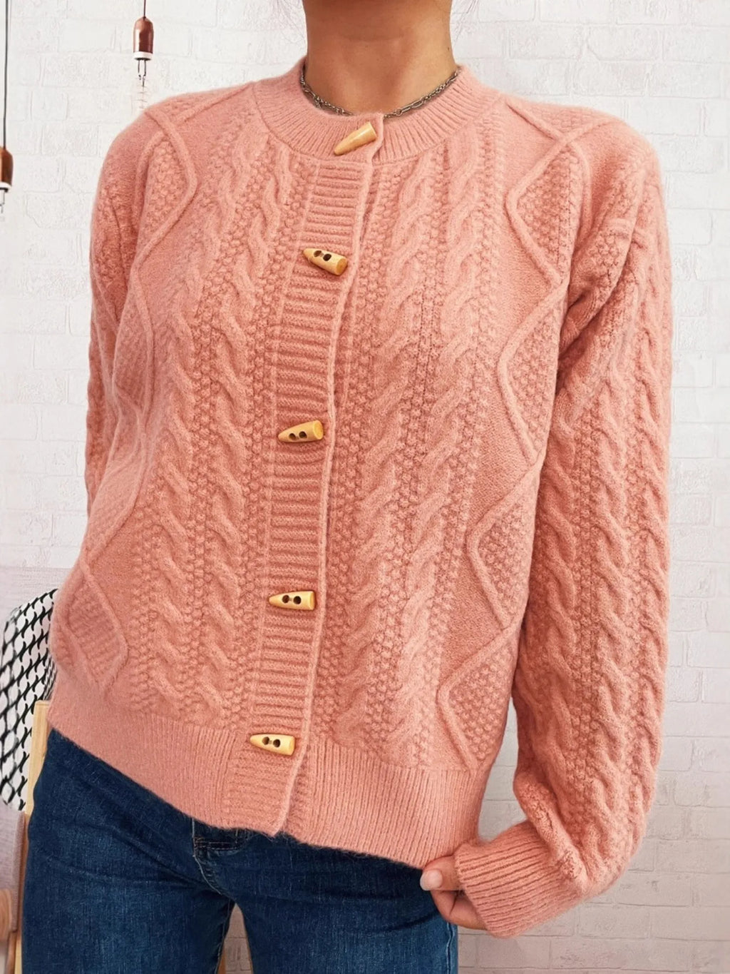 Women's Cardigan Cable Knit Button-Up Long Sleeve Knitwear Pink One Size 78f1749ea5334eee8d21ed897d1f7cdc-Max-Origin Trendsi