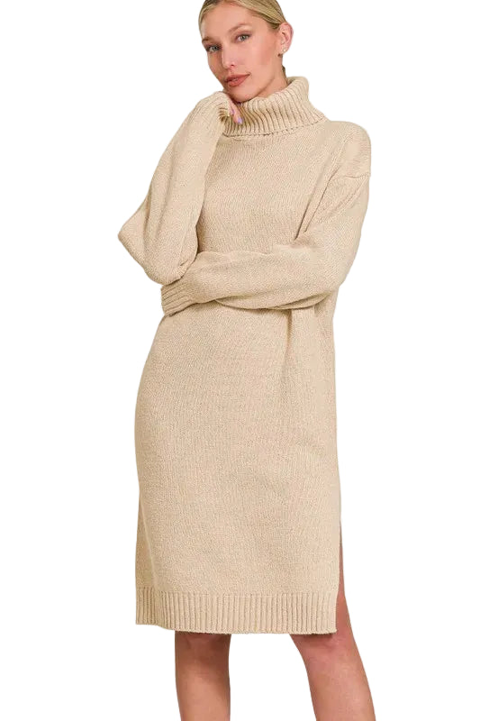 Beige ribbed knit midi sweater dress with turtleneck, long sleeves, and front slit on model