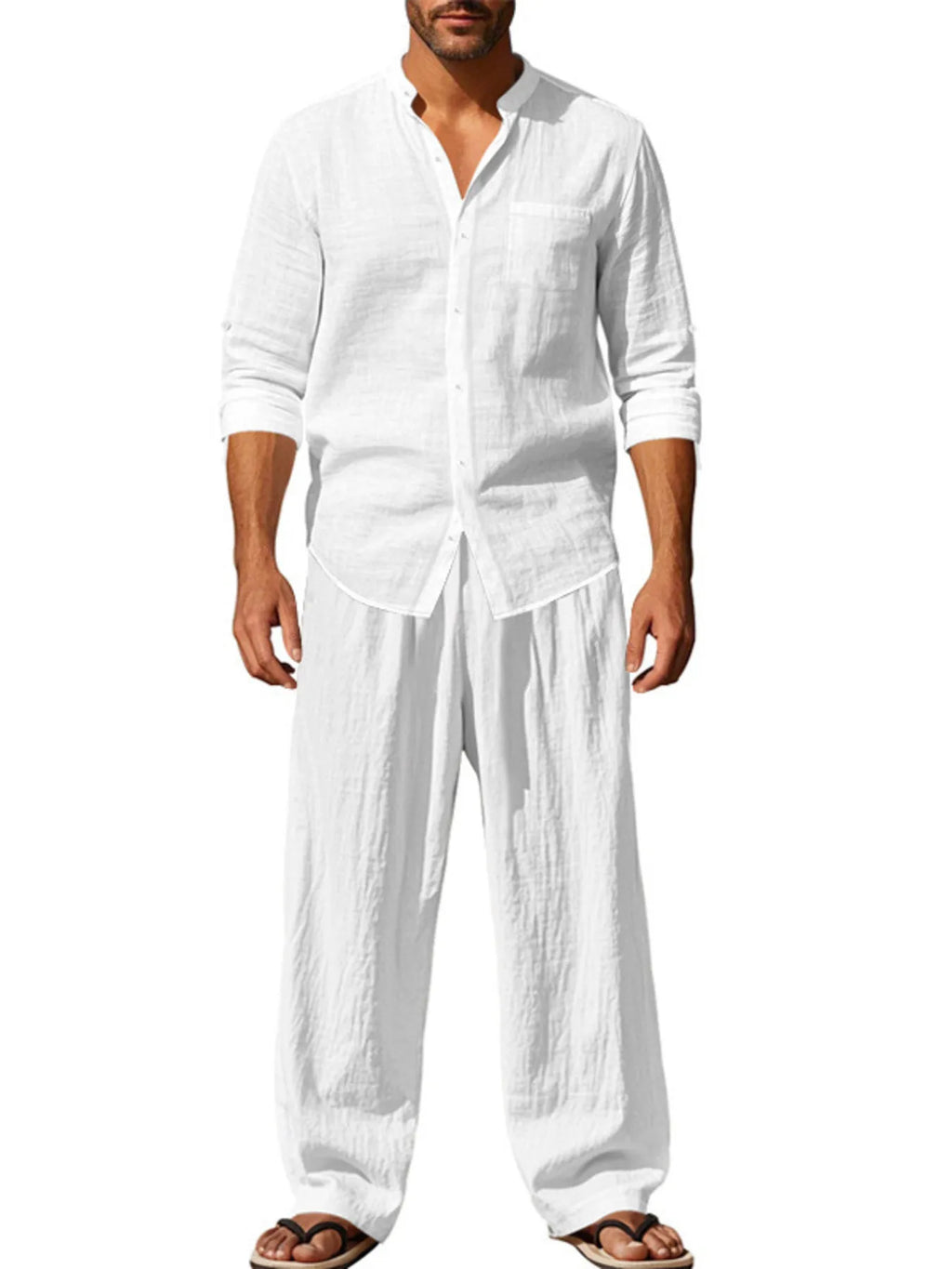 Men's Outfit Set Button Up Shirt Long Sleeve Lightweight and Pants Two-piece White 78fae37a2e044f46aa6873337d328556-Max-Origin Trendsi