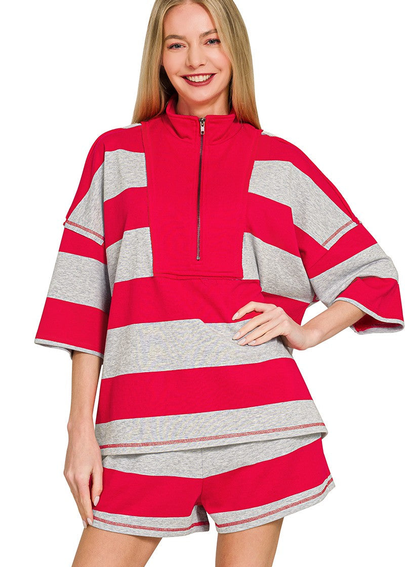 Zenana French Terry Striped Half-Zip Top and Shorts Lounge Set