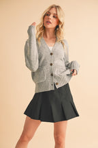 Aemi + Co Cardigan Gray Knit Ribbed Hem V-Neck Long Sleeve Pocketed 7910d683-369b-4b55-8287-cc74782fad7d-Max Trendsi