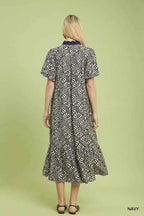 Umgee Leaf Print Ruffle Neck Midi Dress