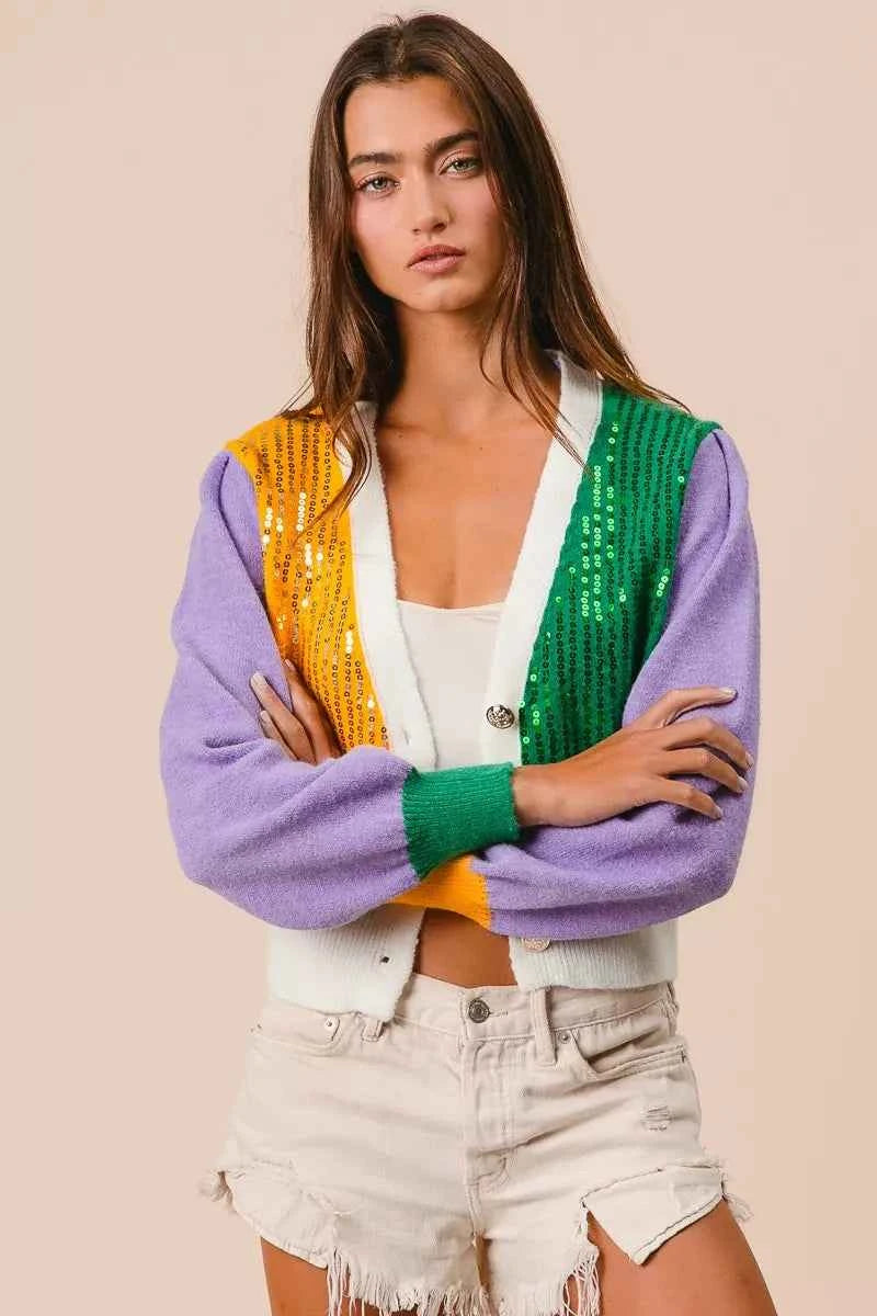 BiBi Sequin Sweater Cardigan Mardi Gras Color Block Buttoned Long Sleeve 79164512158844fa889423bbe8ff9233-Max-Origin Trendsi
