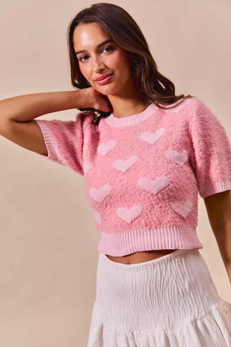 SO ME Valentine Cropped Sweater Pink All Over Heart Short Sleeve 7918084c91554495bc38e85aee22cece-Max-Origin Trendsi