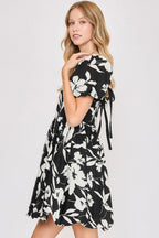 Umgee Babydoll Mini Dress Floral Black White Two Tone Print Puff Short Sleeve 791b6dae-222f-4dc1-8e65-1aaba52570c0-Max Trendsi