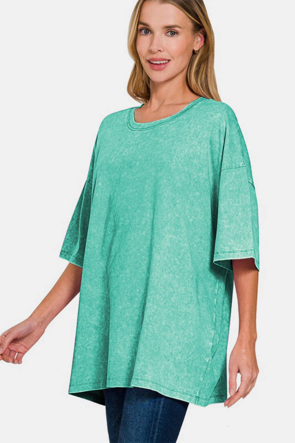 Zenana Women T-Shirt Turquoise Washed Oversized Round Neck Short Sleeve 791c917f-9c96-4e37-a1fc-0268da4ebf51-Max Trendsi
