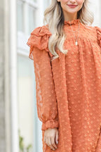 And The Why Mini Dress Swiss Dot Camel Lovely Ruffle Shoulder with Textured 792417bea45c476497abc437a7ade420-Max-Origin Trendsi