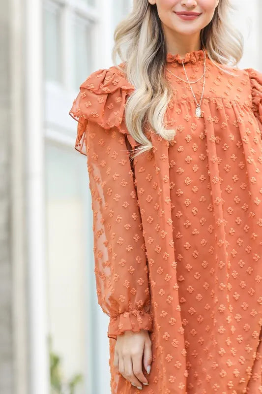 And The Why Mini Dress Swiss Dot Camel Lovely Ruffle Shoulder with Textured 792417bea45c476497abc437a7ade420-Max-Origin Trendsi