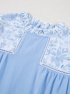 Women's Blouse Light Blue Lace Insert Floral Puff Sleeve Patchwork Loose Top 7926c2d7ba5944e6bf3af355414677d4-Max-Origin Trendsi