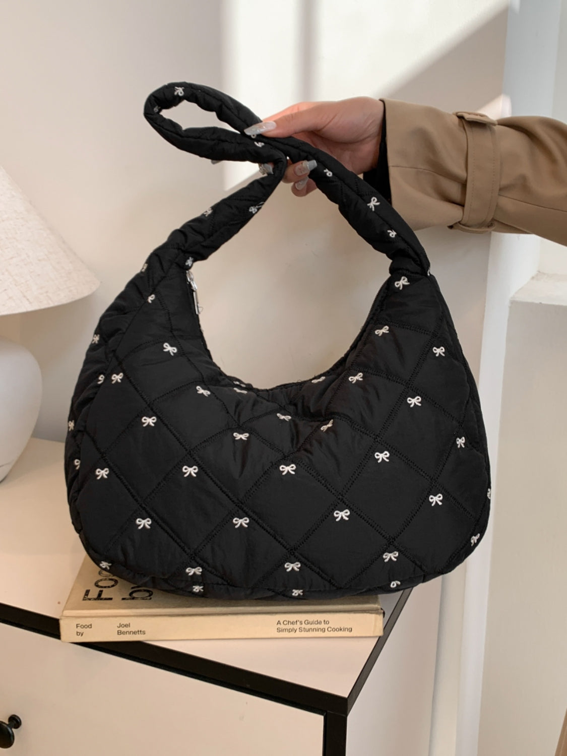 Large Shoulder Bag Bow Embroidered Soft Fabric Zipper Women Quilted Bags