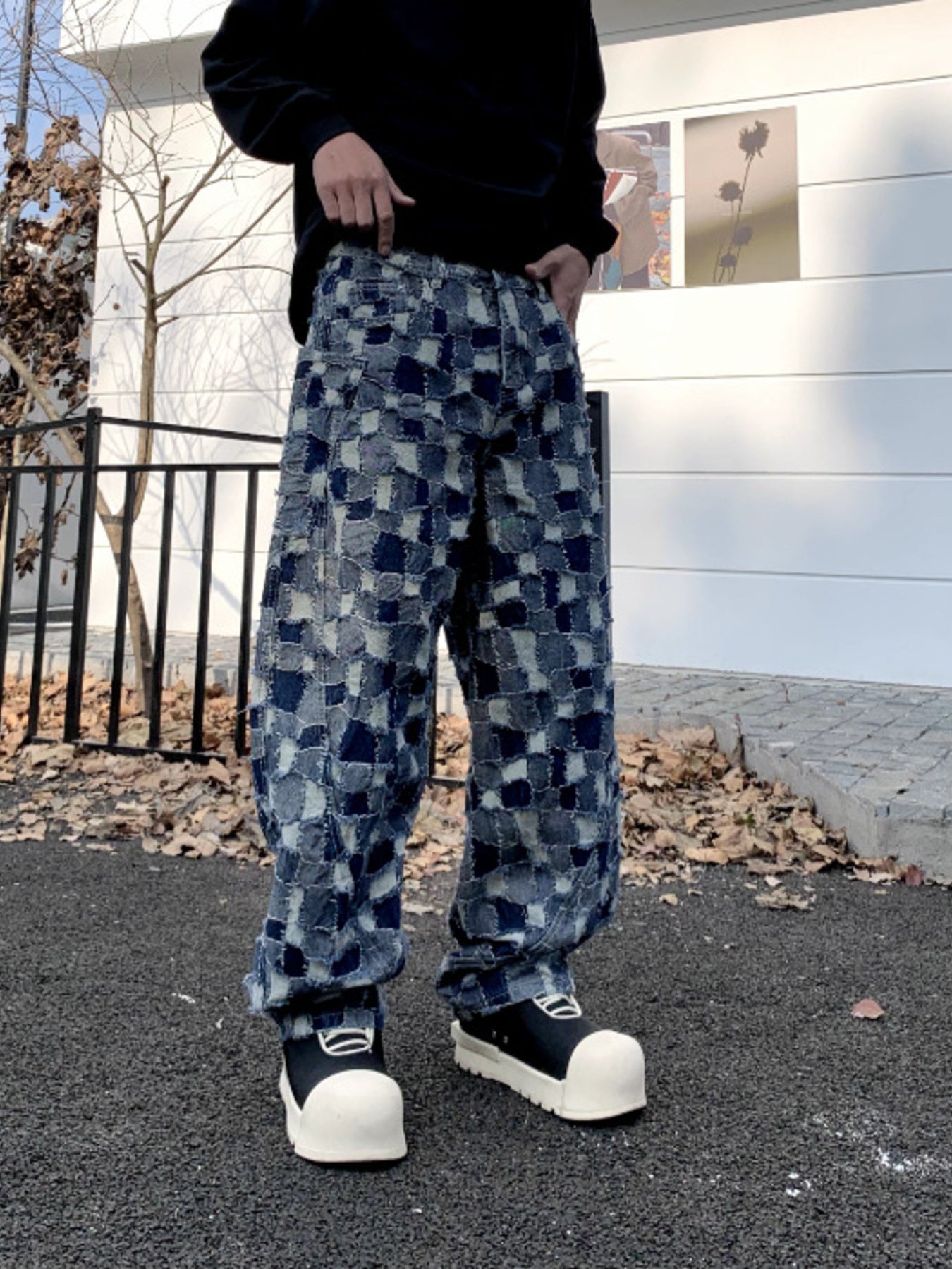 Men's Full Size Patchwork Wide Leg Jeans in Plus Sizes with Classic Fit