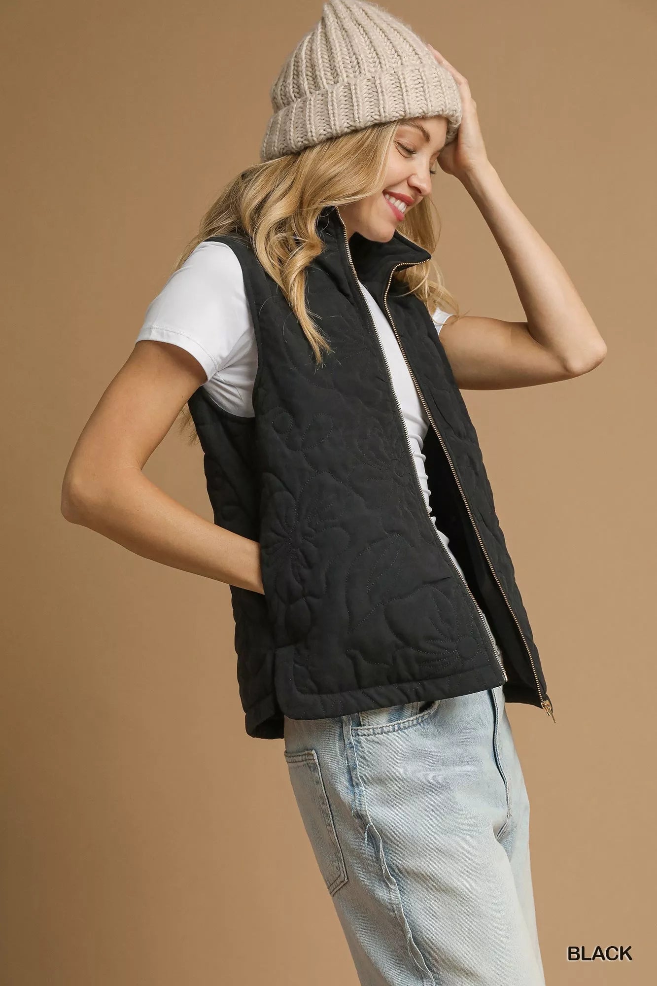 Umgee Quilted Vest Floral Zip Up with Pockets 792f0197-1ee1-4ae2-91f5-3fbacd8f8c04-Max-Origin Trendsi