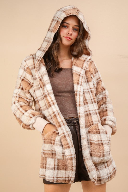 VERY J USA Women Hooded Jacket Fuzzy Plaid Long Sleeve Camel Pocketed CAMEL MIX 7936a8cd-c29e-4f96-a16f-301924c3f50a-Max Trendsi