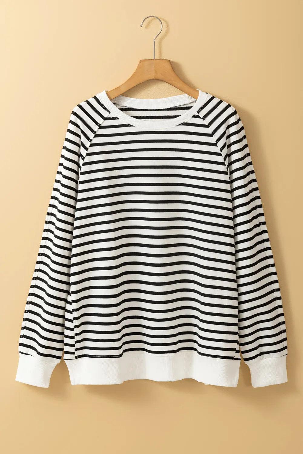 Slit Striped Sweatshirt Round Neck Long Sleeve Oversized Top 793da6e9-489b-4b4b-95a7-4cf58a89e3a4-Max Trendsi
