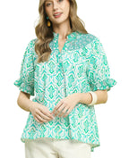 Umgee Mixed Bohemian Puff Sleeve Smocked Top