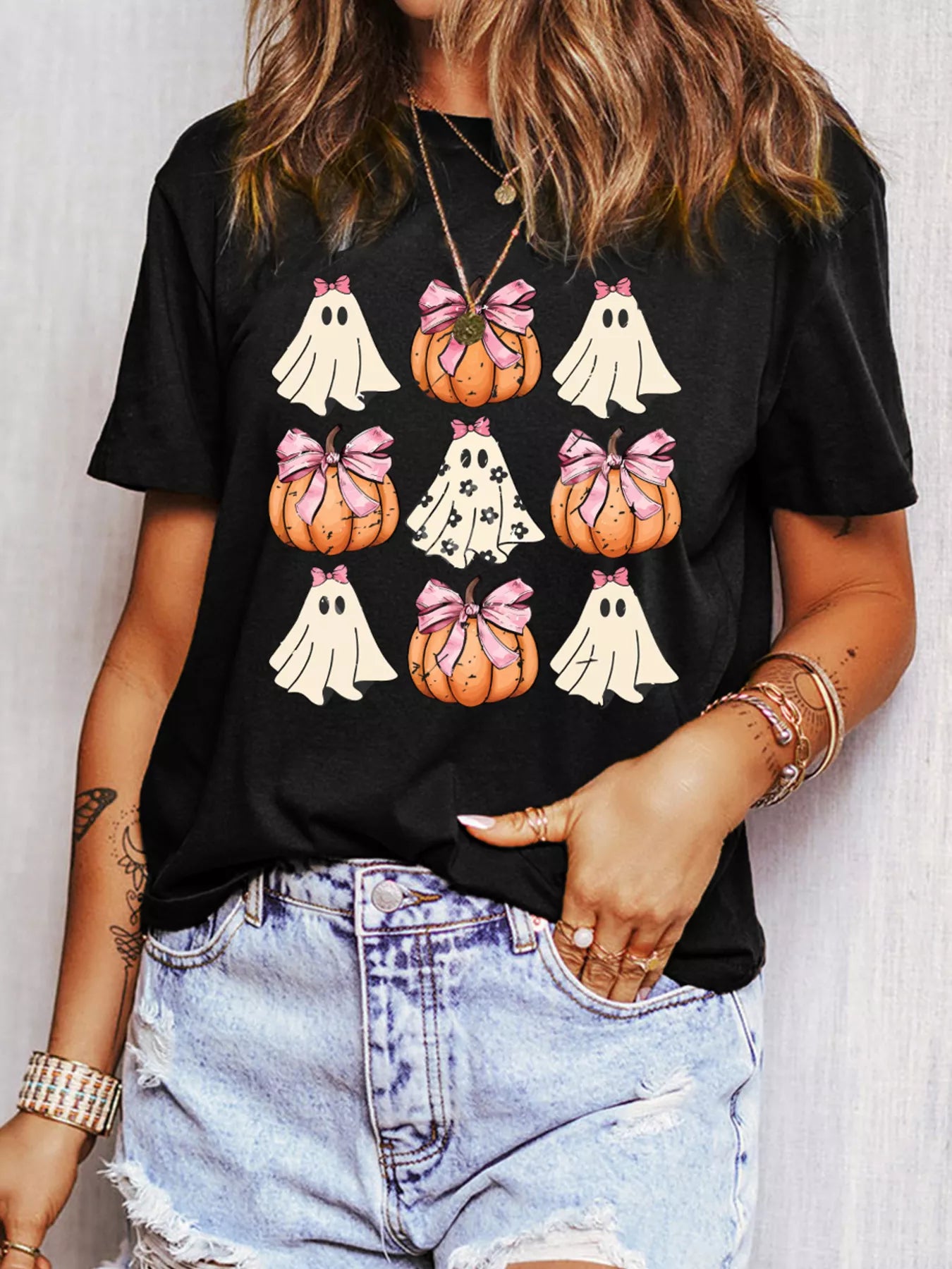 Halloween Women's T Shirt Bowknot Ghost Pumpkin Graphic Top Tee Black 7942c24a5d114d34b53bca41c69b317a-Max-Origin Trendsi