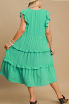 Umgee Midi Dress Ruffle Layered Emerald Tiered V neck Short Sleeve 794ff939-404f-4214-a510-3e5b679dbacc-Max Trendsi