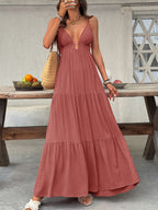 Deep V-Neck Tiered Maxi Dress with Smocked Detailing