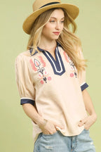 Umgee Blouse Floral Embroidered Puff Short Sleeve Contrast Trim Top 79558e08-c927-4111-a8cc-334d92697b25-Max-Origin Trendsi