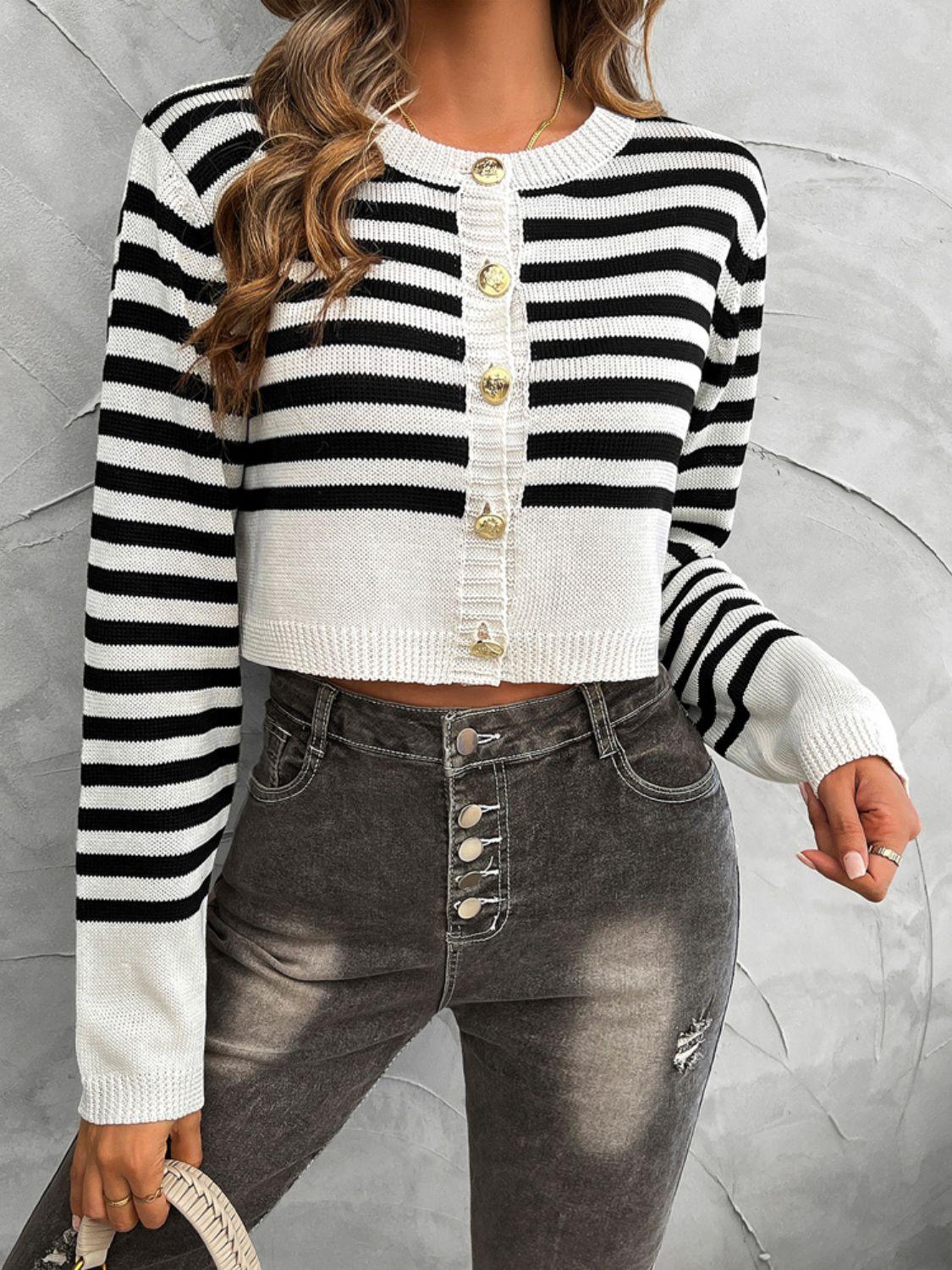 Devine Striped Cropped Cardigan Round Neck Button Down Long Sleeve Black White