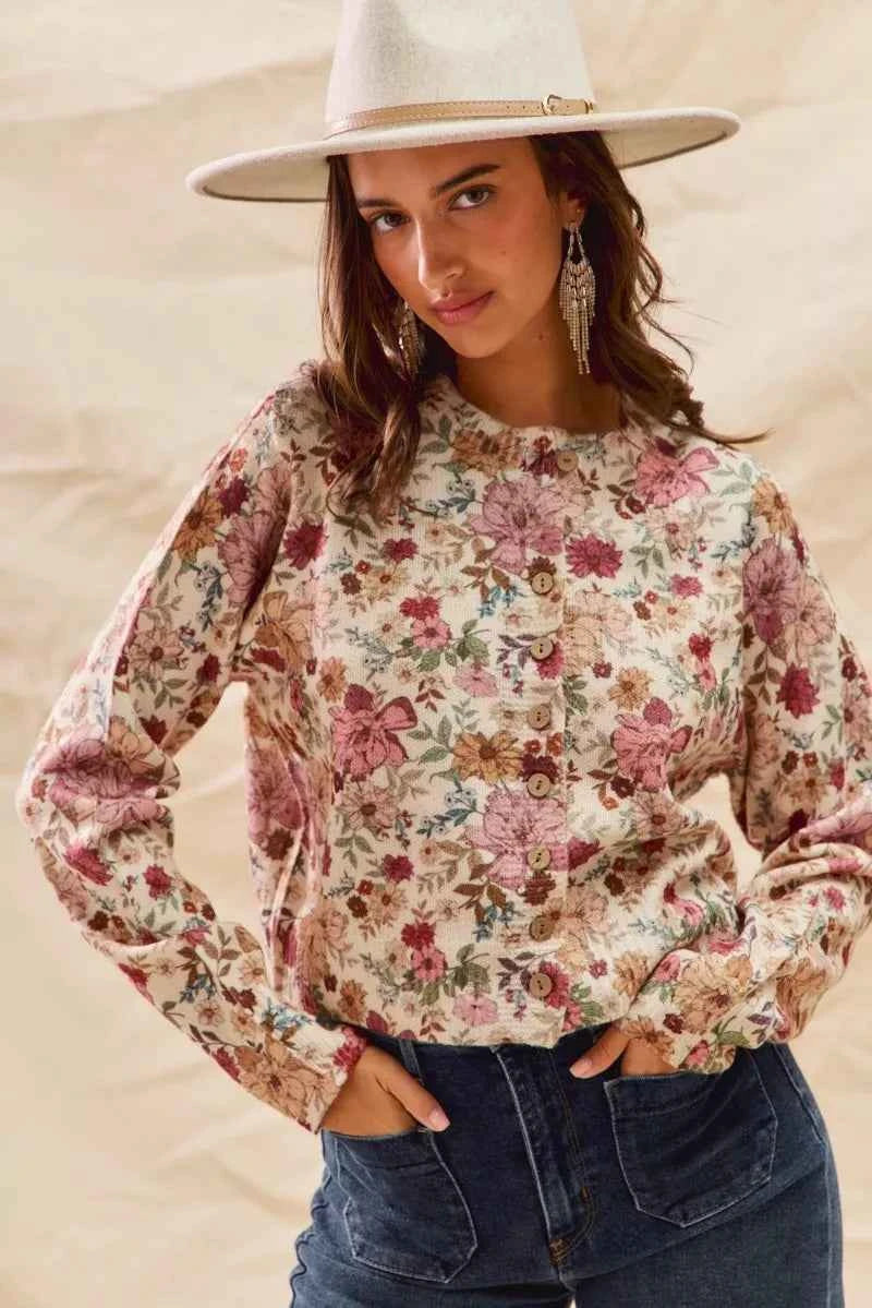SO ME Floral Print Button Front Sweater Cardigan