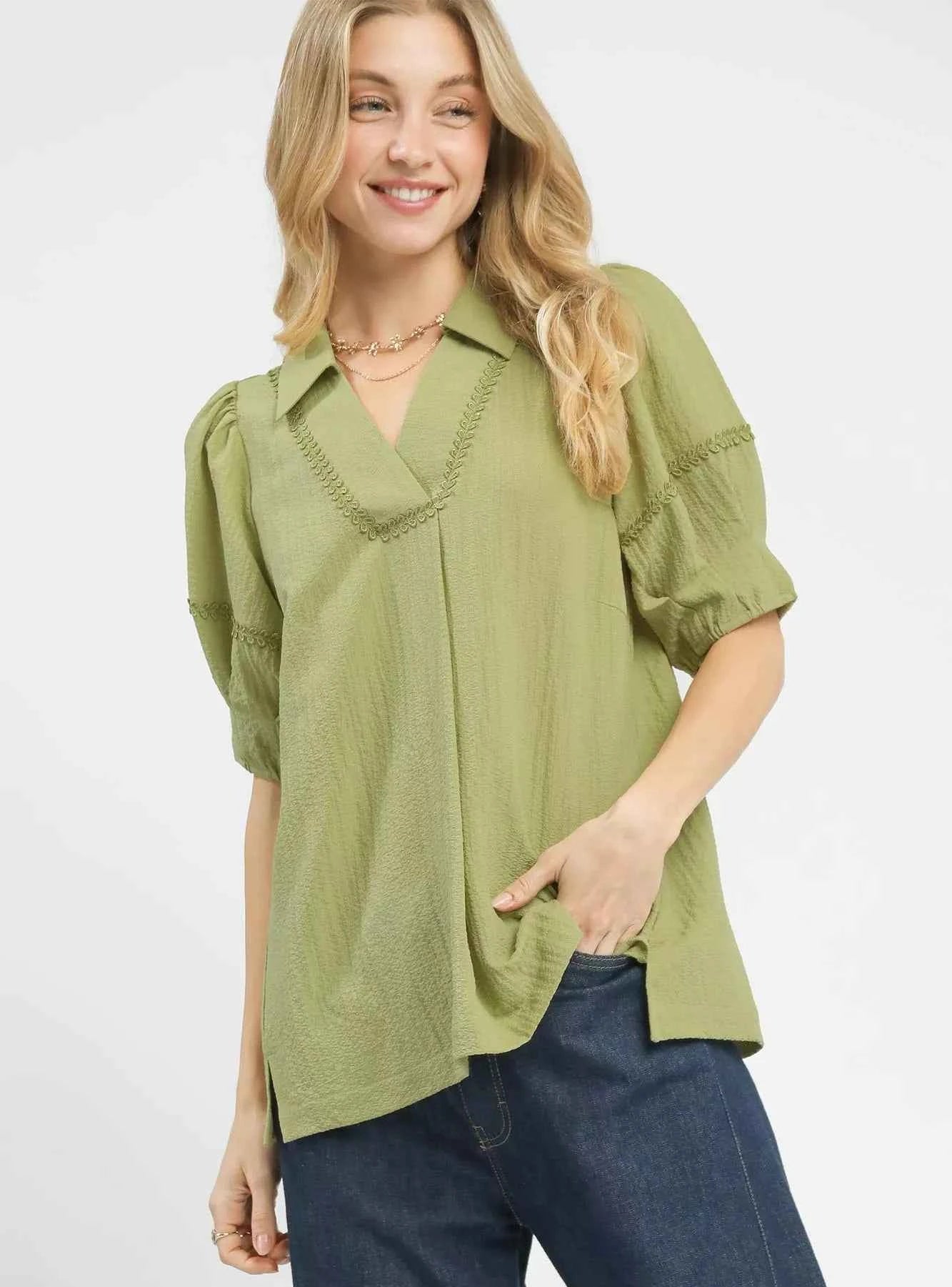 Umgee Blouse Sage Green Textured Puff Short Sleeve Top SAGE 7958138d-e769-4408-b647-972409750281-Max-Origin Trendsi