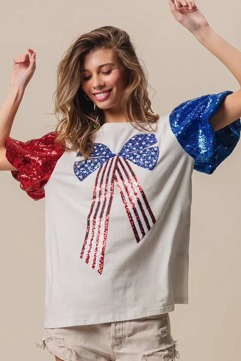 BiBi Cotton T-shirt Sequin American Flag Bow Top Short Puff Sleeve 79618da1b10a4b0399c19eed6350a2f8-Max-Origin Trendsi