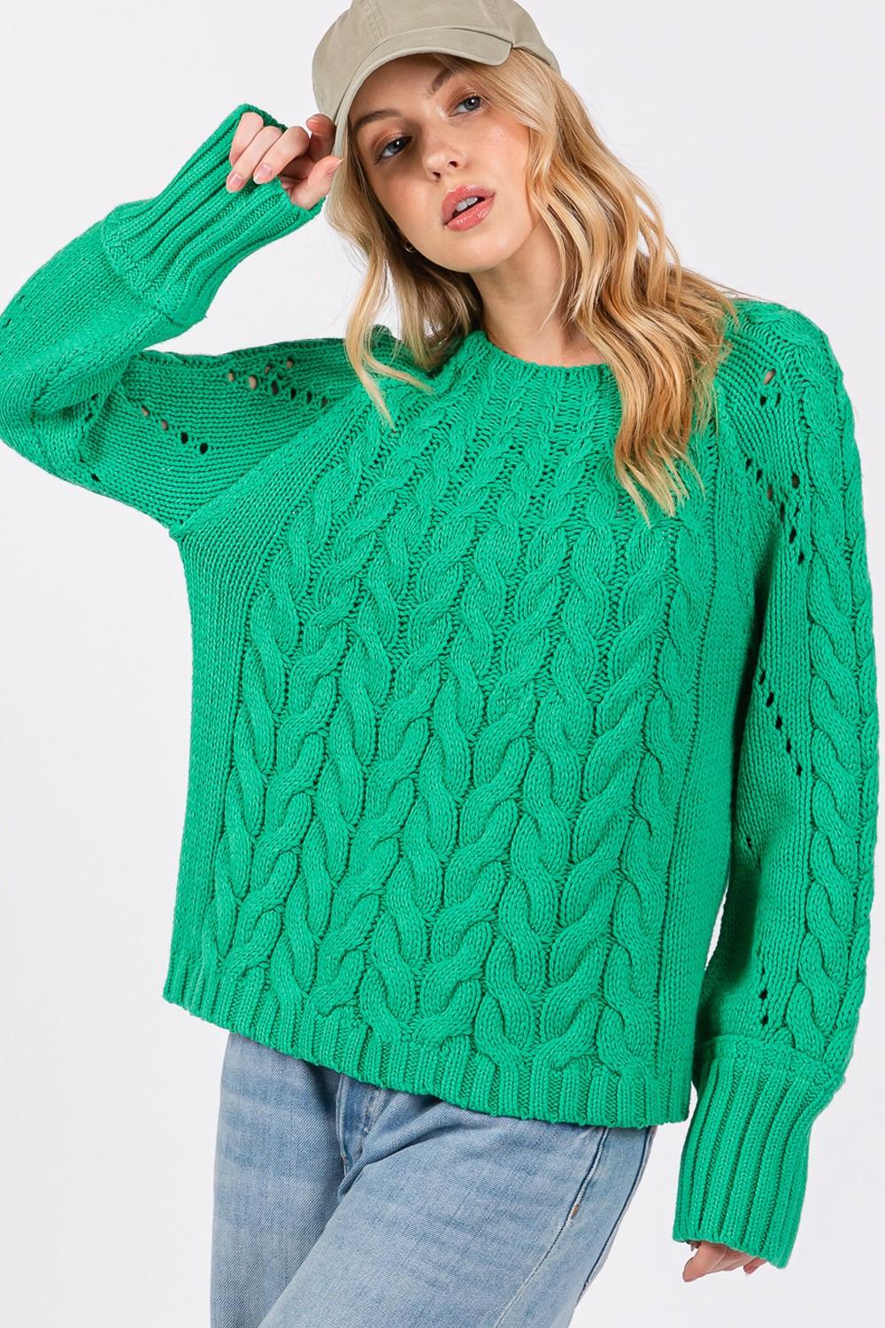 SAGE + FIG Emerald Sweater Cable-Knit Long Sleeve Eyelet Knitwear Emerald 7967f351-985a-403b-8eb0-be3f15190206-Max Trendsi
