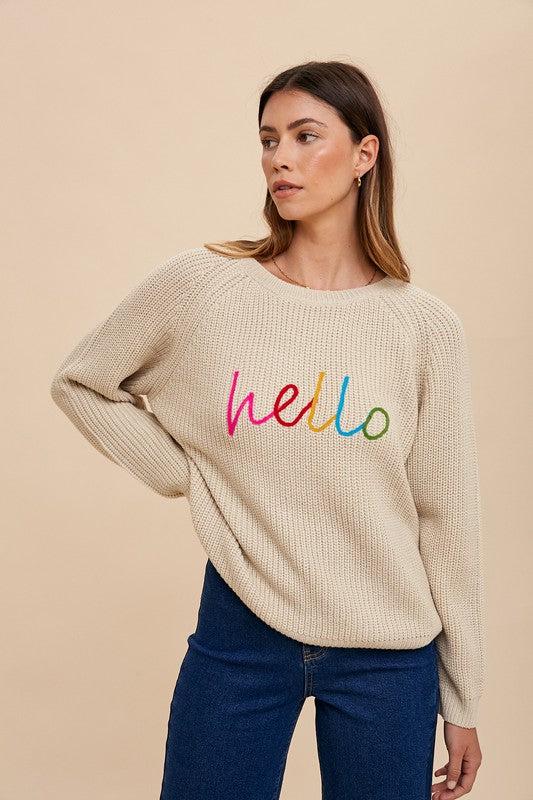 Women's Sweater Annie Wear HELLO Embroidered Raglan Sleeve Ribbed Oatmeal 7968cb9a-701e-418d-8b16-eed9edc8d1ab-Max Trendsi