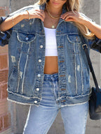 Denim Jacket Raw Edged Plaid Patchwork Long Sleeve Outwear 796dfacf-676f-4ae7-84fb-1f6772f39905-Max Trendsi